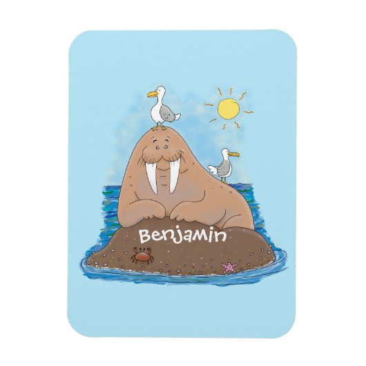 Funny happy walrus cartoon illustratie magneet (Verticaal)