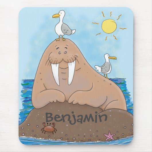 Funny happy walrus cartoon illustratie muismat (Voorkant)