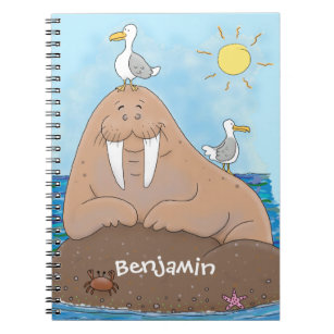 Funny happy walrus cartoon illustratie notitieboek