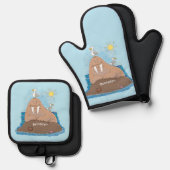 Funny happy walrus cartoon illustratie ovenwant & pannenlap set (Voorkant / Achterkant)