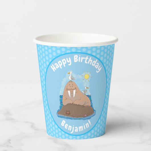 Funny happy walrus cartoon illustratie papieren bekers (Achterkant)