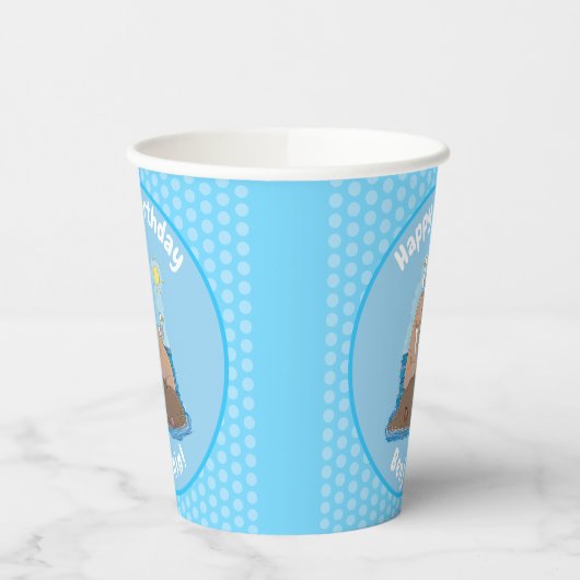 Funny happy walrus cartoon illustratie papieren bekers (Links)