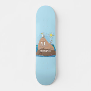 Funny happy walrus cartoon illustratie persoonlijk skateboard