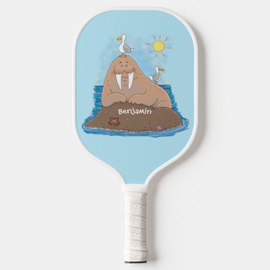 Funny happy walrus cartoon illustratie pickleball paddle (Voorkant)