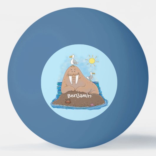 Funny happy walrus cartoon illustratie pingpongbal (Voorkant)