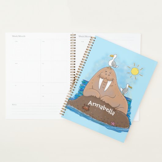 Funny happy walrus cartoon illustratie planner (Display)
