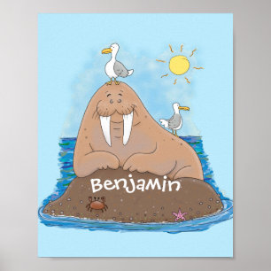 Funny happy walrus cartoon illustratie poster