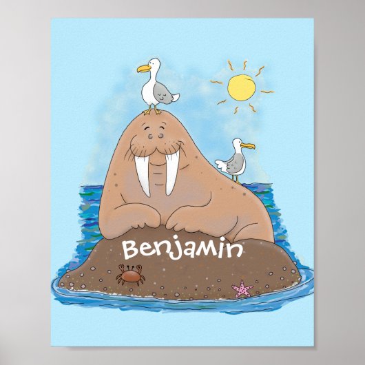 Funny happy walrus cartoon illustratie poster (Voorkant)