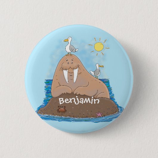 Funny happy walrus cartoon illustratie ronde button 5,7 cm (Voorkant)