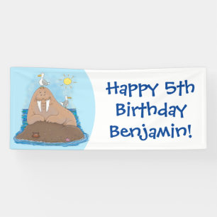 Funny happy walrus cartoon illustratie spandoek