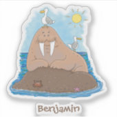 Funny happy walrus cartoon illustratie sticker (Voorkant)
