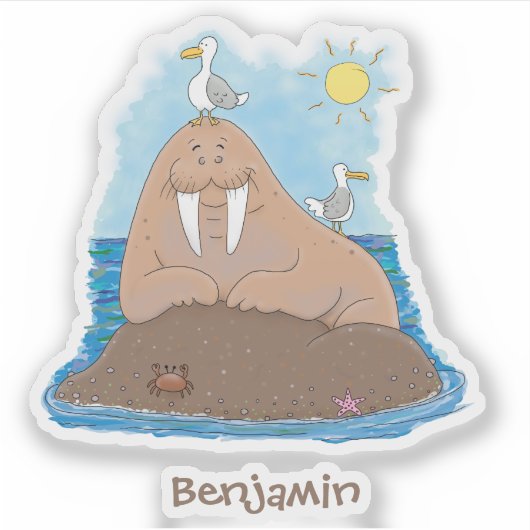 Funny happy walrus cartoon illustratie sticker (Voorkant)