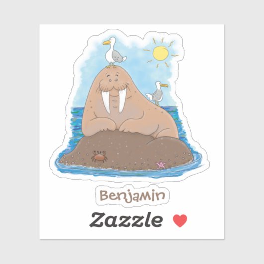 Funny happy walrus cartoon illustratie sticker (Vel)