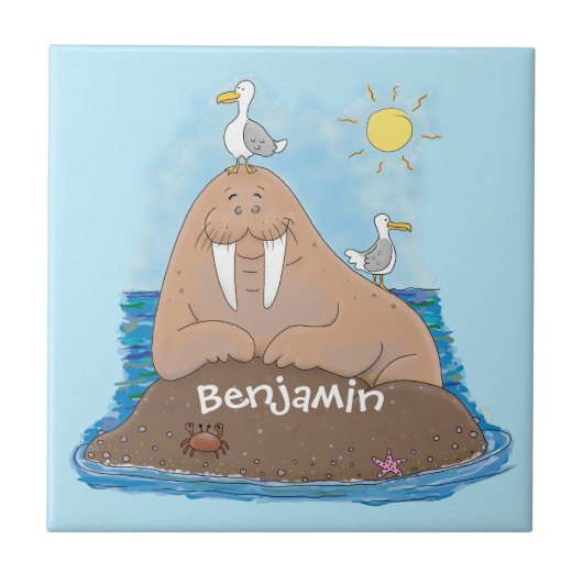 Funny happy walrus cartoon illustratie tegeltje (Voorkant)