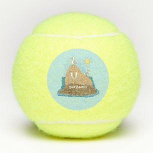 Funny happy walrus cartoon illustratie tennisballen
