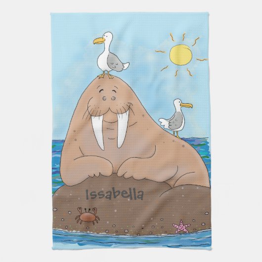 Funny happy walrus cartoon illustratie theedoek (Verticaal)