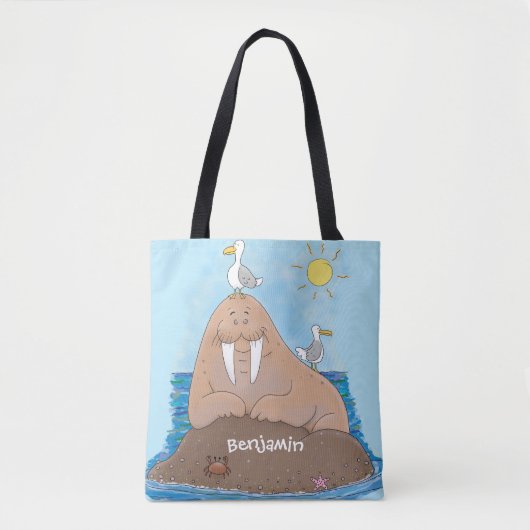 Funny happy walrus cartoon illustratie tote bag (Voorkant)