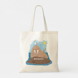 Funny happy walrus cartoon illustratie tote bag