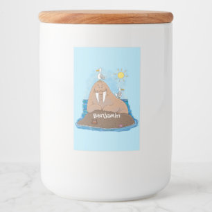 Funny happy walrus cartoon illustratie voedselcontainer etiket