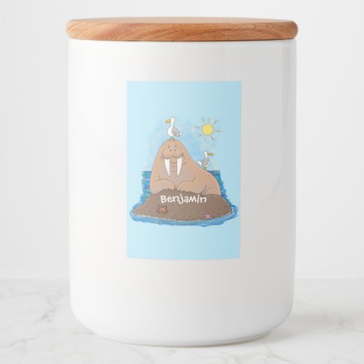Funny happy walrus cartoon illustratie voedselcontainer etiket (Voorkant)