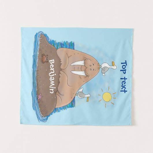 Funny happy walrus cartoon illustratie wandkleed (Voorkant (horizontaal))