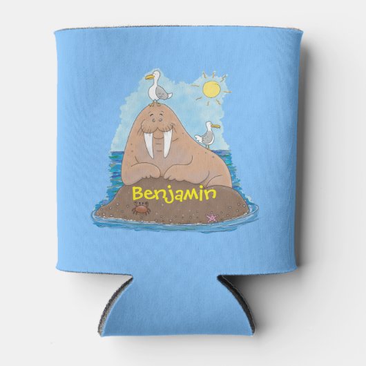 Funny happy walrus cartoon illustration cartoon blikjeskoeler (Voorkant)