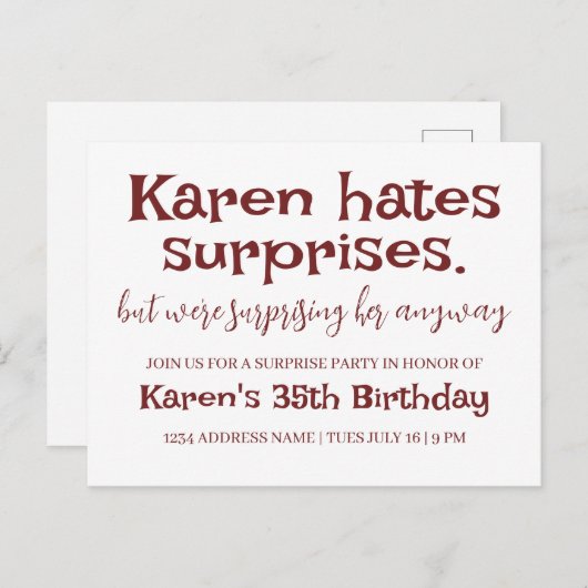 Funny Hates Surprises Party Modern Details toevoeg Briefkaart (Voorkant / Achterkant)