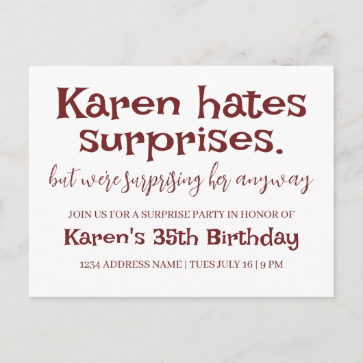 Funny Hates Surprises Party Modern Details toevoeg Briefkaart (Voorkant)