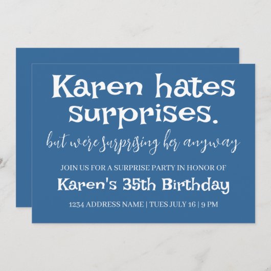 Funny Hates Surprises Party Modern Details toevoeg Kaart (Voorkant / Achterkant)