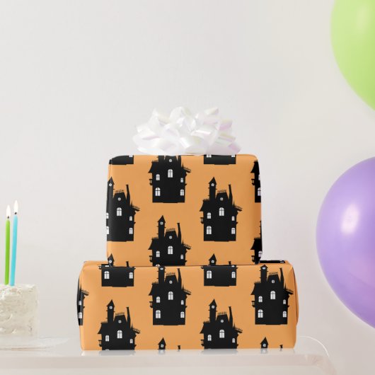 Funny Haunted House Black & Oranje Kinder Hallowee Cadeaupapier (Feestgeschenken)