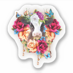 Funny Hearts Dairy Cow Flower Cute Animals. Perfec Sticker