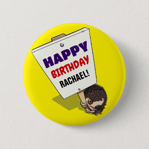 Funny Hedgehog Voeg de naam Happy Birthday Cartoon Ronde Button 5,7 Cm