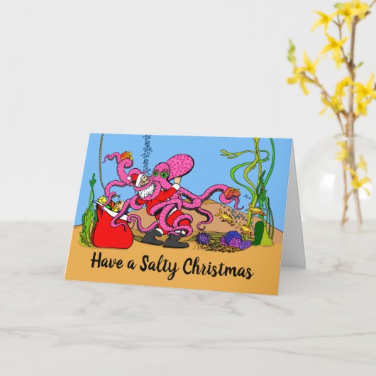 Funny heeft een zalige kerstman en een octopus kaart (Gele Bloem)