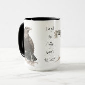 Funny heeft koffie, waar is Cake? Ravens Bird Mok (Voorkant links)