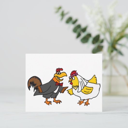 Funny Hen Bride en Rooster Groom Wedding Briefkaart (Staand voorkant)