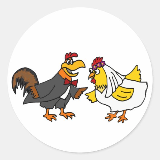 Funny Hen Bride en Rooster Groom Wedding Ronde Sticker (Voorkant)