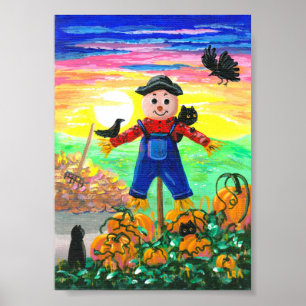 Funny Herfst Black Cats Scarecrow Raven Creationar Poster
