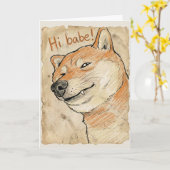 Funny "Hi Babe" Winking Shiba Inu Valentine's Art Kaart (Gele Bloem)