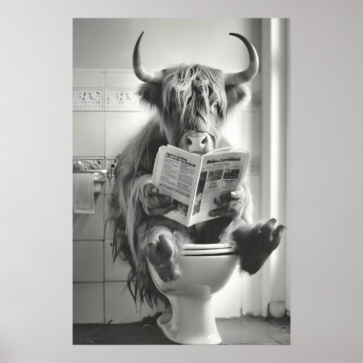 Funny Highland Cow Bathroom Print, Newspaper Poster (Voorkant)