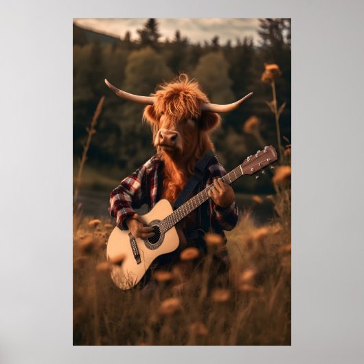 Funny Highland Cow Guitar Print, Farm Animal Art Poster (Voorkant)