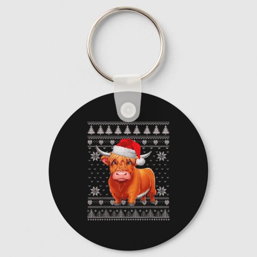 Funny Highland Cow Ugly Christmas Sweater Santa Xm Sleutelhanger (Voorkant)