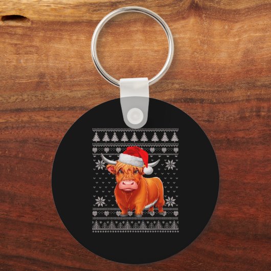 Funny Highland Cow Ugly Christmas Sweater Santa Xm Sleutelhanger (Voorkant)