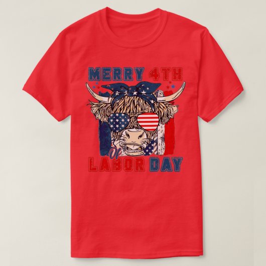 Funny Highland Koe Merry 4th of Labour Day America T-shirt (Design voorkant)
