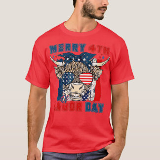 Funny Highland Koe Merry 4th of Labour Day America T-shirt
