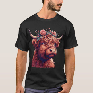 Funny Highland Koe met Flower Crown T-shirt