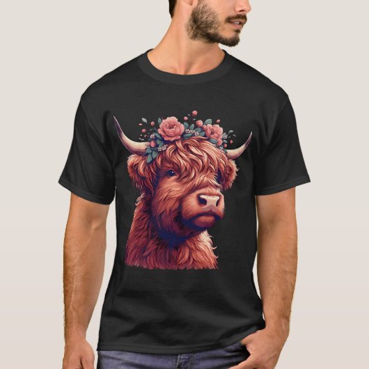Funny Highland Koe met Flower Crown T-shirt (Voorkant)