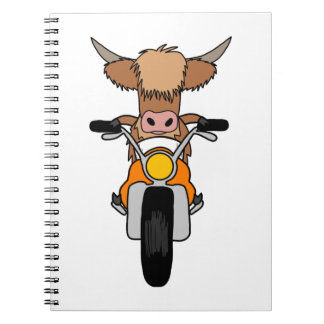 Funny Highland Koe Riding a Motorcycle Cartoon Notitieboek