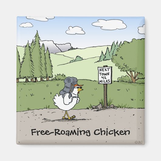 Funny Hiking Chicken Cartoon zonder roaming Magneet (Voorkant)