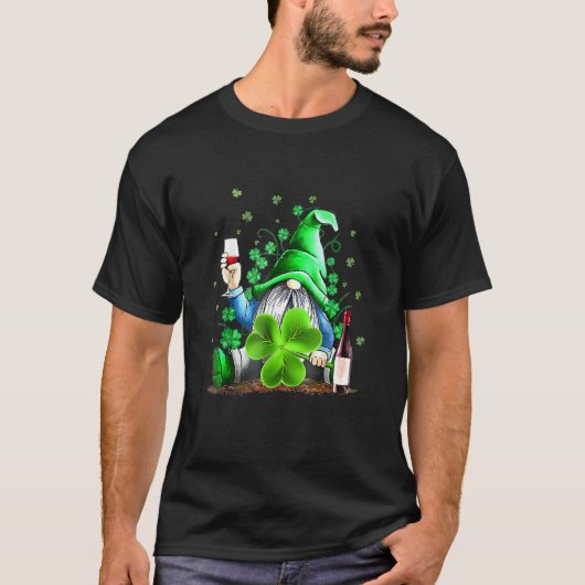 Funny Hippie Gnome Drink wijn Shamrock St Patri T-shirt (Voorkant)