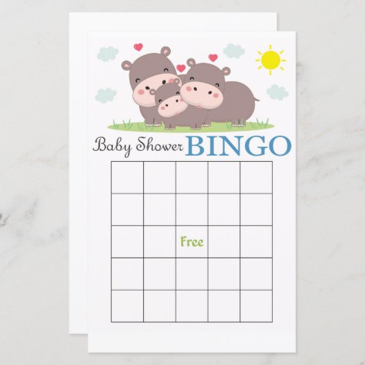 Funny Hippo baby shower bingo card (Voorkant / Achterkant)